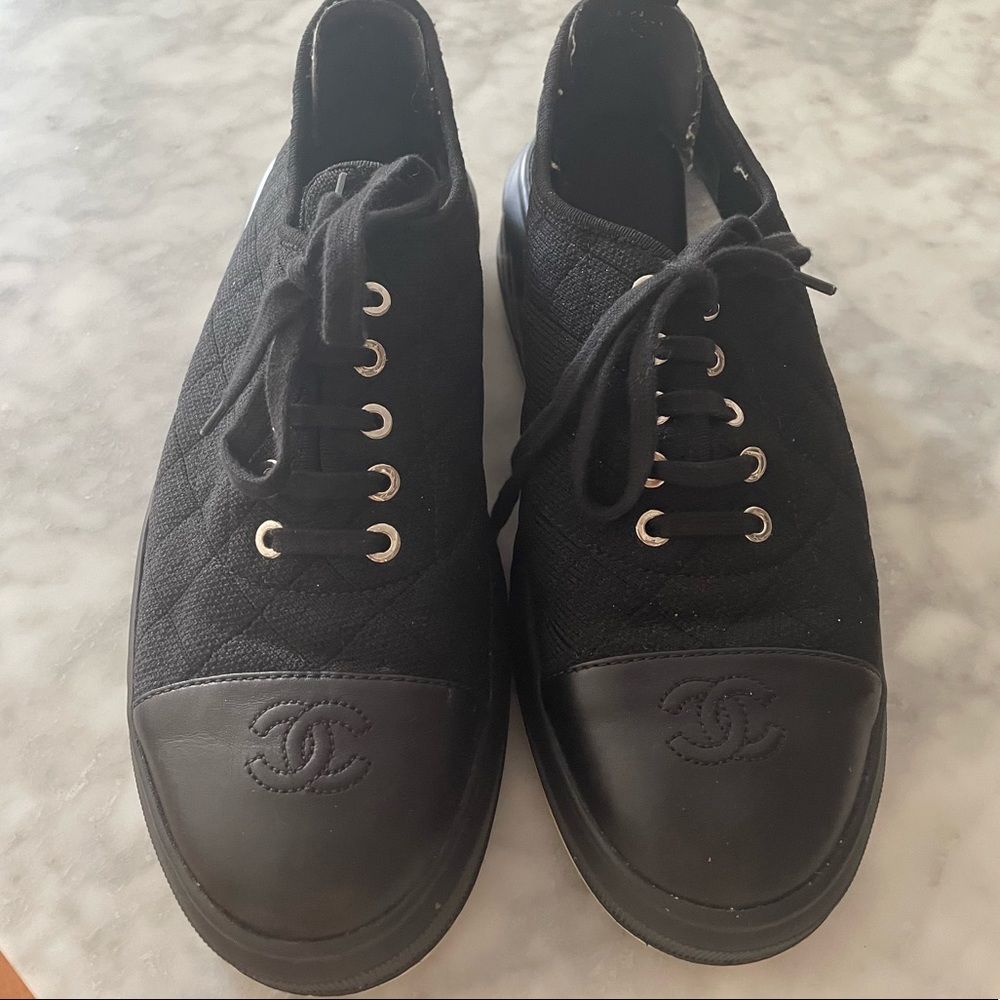 Chanel Black Fabric Sneakers With Leather Toe Size 42